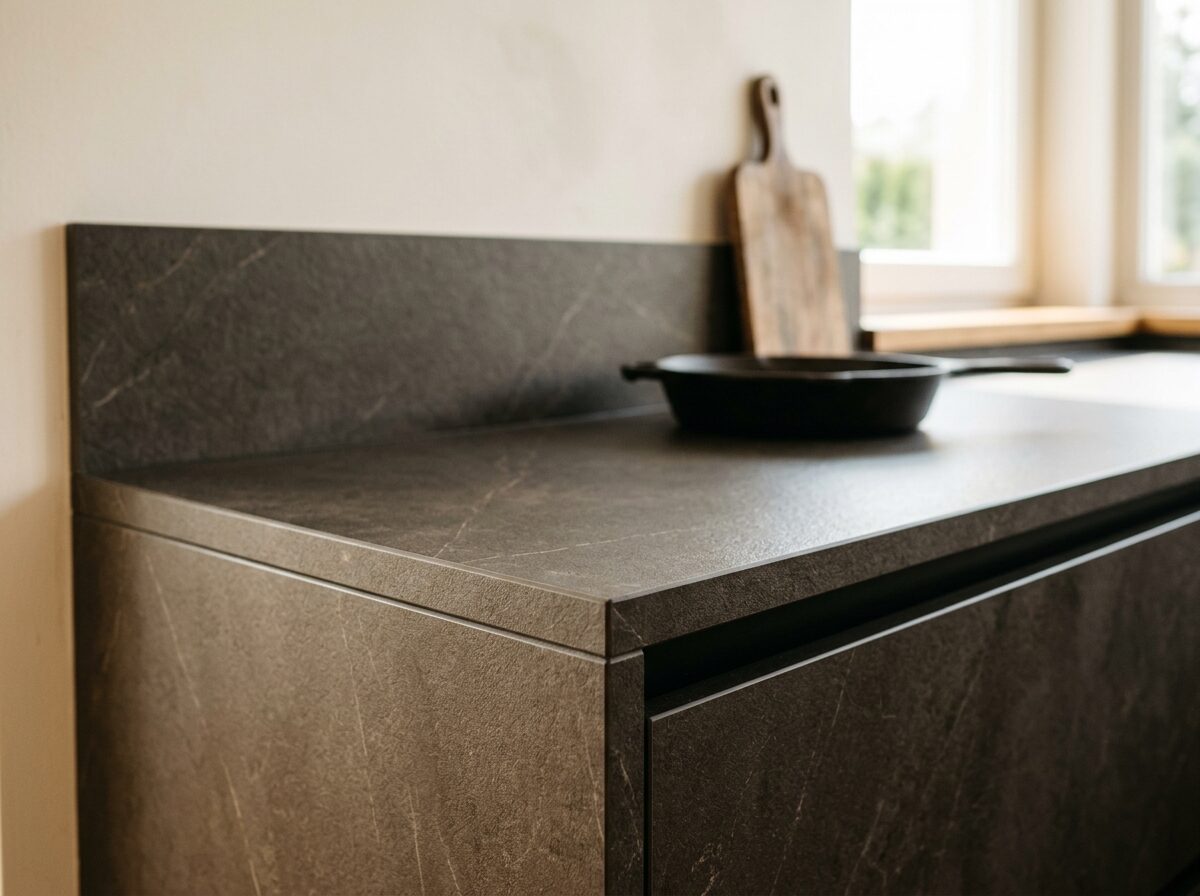 Blat ceramiczny z pasem przy ścianie z tego samego materiału